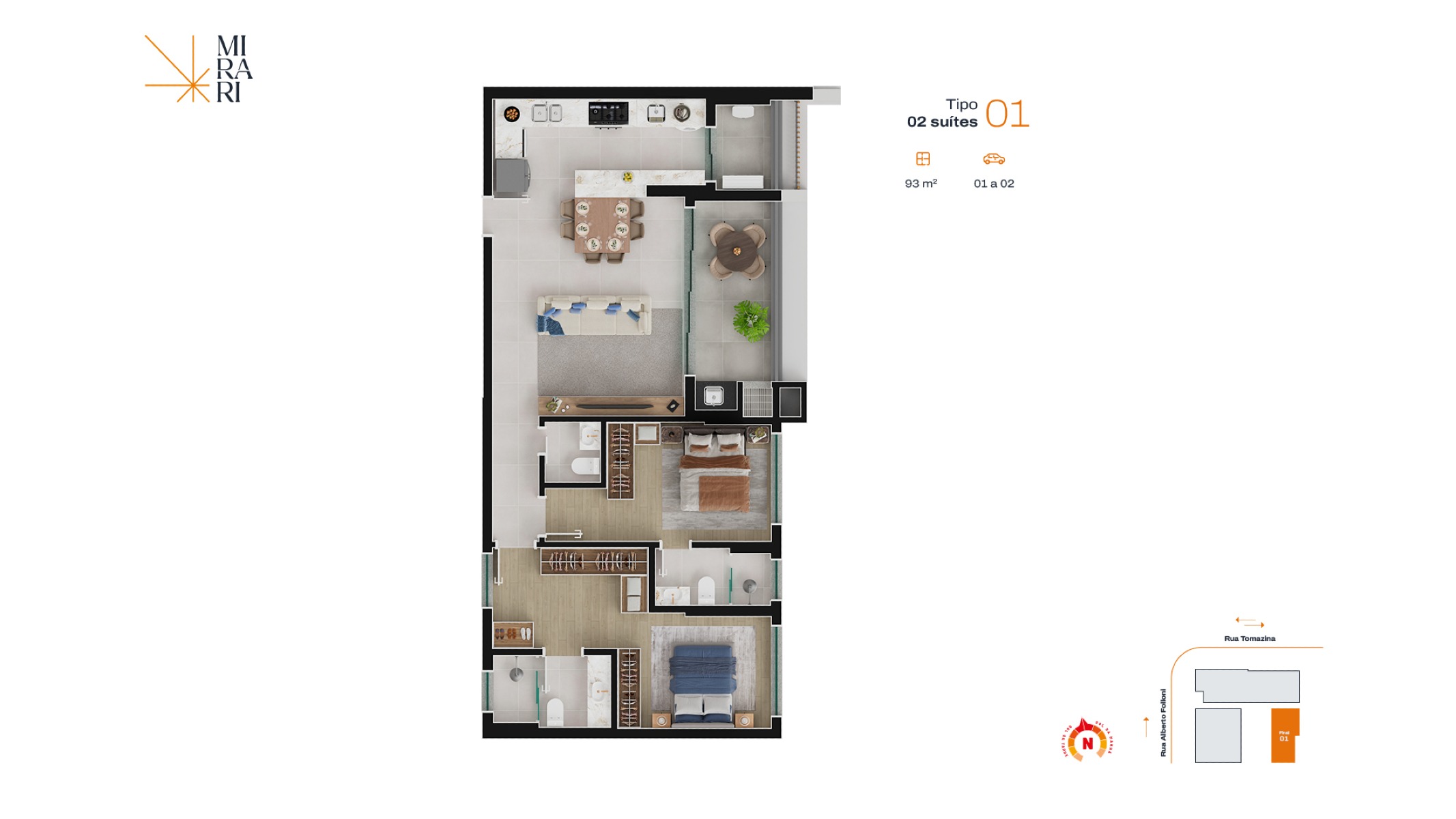 Mirari | Apartamento Tipo de 93m² Privativos com 2 suítes - Planta